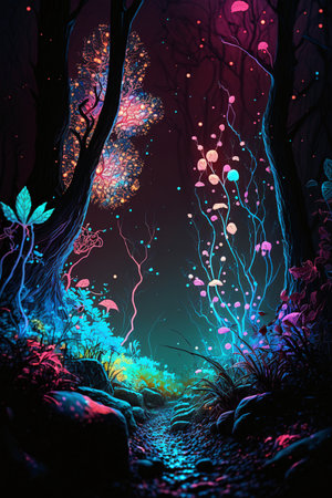 A dark forest with glowing plants and trees. Portrait oriented image. Twisted trees with glowing leaves. Moss ferns and mushrooms on the ground. Deep blue background with orbs in the air. Mystical and magical mood. (AI Generated)の素材