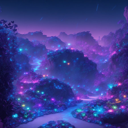 A digital art image of a fantastical landscape. A dense jungle with a winding river is filled with glowing blue and pink plants and trees. The sky is a deep purple with a shooting star. The image has a dreamlike quality to it. (AI Generated)の素材
