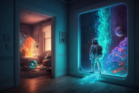 A surreal image of a person in a spacesuit standing in front of a cosmic portal. The portal is a blue rectangle with a black border, showing a planet, stars, and nebulae. The person is in a room with a wooden floor. (AI Generated)の素材