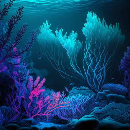 An underwater coral reef scene with light rays. Blue image with pink and purple shades. Coral and fish in the reef. Deep blue ocean in the background. Peaceful and serene mood. (AI Generated)の素材