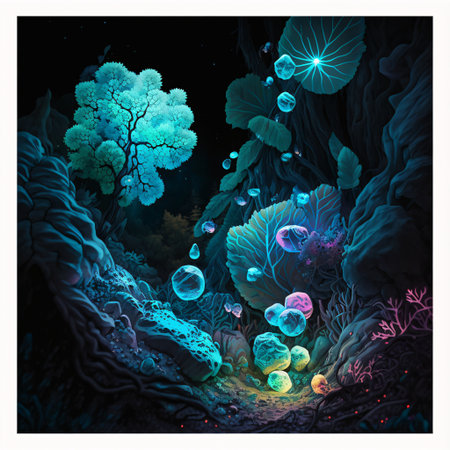 A fantastical scene - alien forest like deep sea underwater with a blue coral tree, plants in different colors. Mystical and dreamlike mood. (AI Generated)の素材