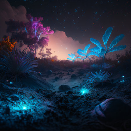 A photo realistic image of a dirt road with pink glowing plants on either side. The road leads to a mountain range with a green glow in the background. The image has a surreal and otherworldly mood. (AI Generated)の素材