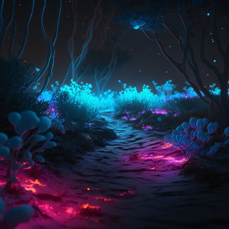 A photo realistic image of a dirt road with pink glowing plants on either side. The road leads to a mountain range with a green glow in the background. The image has a surreal and otherworldly mood. (AI Generated)の素材