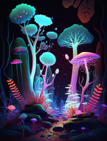 A colorful forest at night with glowing mushrooms and plants. Blue purple and pink colors dominate the scene. Bubbles float in the air. Dark trees and foliage in the background. Mystical and dreamlike mood. (AI Generated)の素材