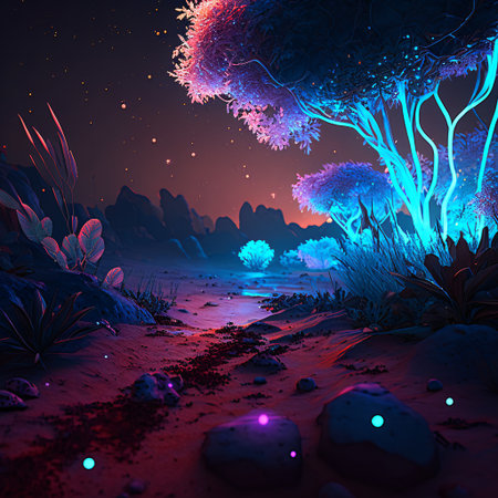A photo realistic image of a dirt road with pink glowing plants on either side. The road leads to a mountain range with a green glow in the background. The image has a surreal and otherworldly mood. (AI Generated)の素材