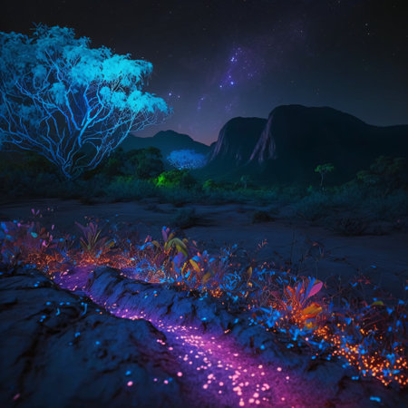 A photo realistic image of a dirt road with pink glowing plants on either side. The road leads to a mountain range with a green glow in the background. The image has a surreal and otherworldly mood. (AI Generated)の素材