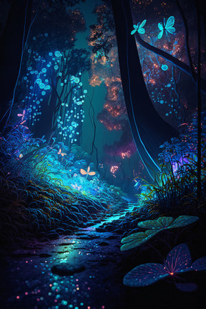 A mystical forest at night with glowing plants and flowers. Blue and green colors dominate the scene. Glowing butterflies and dragonflies in the air. Dream-like image quality. Cobblestone path to the distance. Glowing trees in the background. (AI Generated)の素材