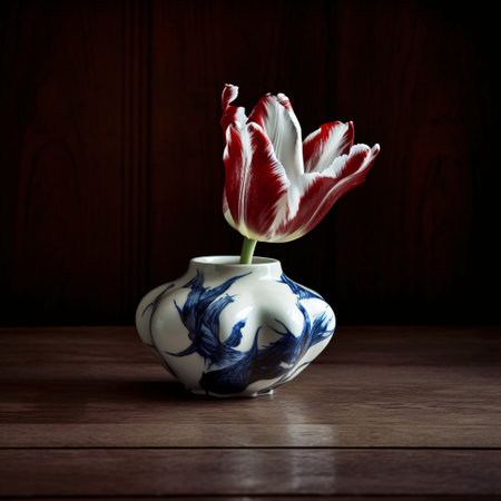 Photo realistic image of a red and white tulip with a green stem in a blue and white vase. The vase has a floral design and stands on a dark wooden surface. The background is a wooden wall with diffused lighting. The image has a moody and elegant feel to it. (AI Generated)の素材