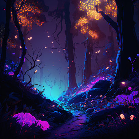 A mystical forest at night with glowing orange leaves. Purple and blue plants on the ground. White creatures flying around. Two large trees and a path frame the scene. Magical and mysterious mood. (AI Generated)の素材