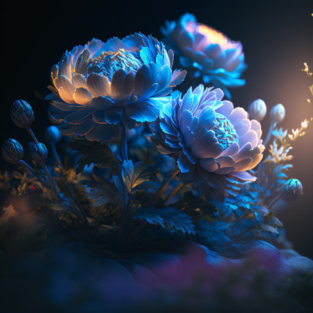 A photo realistic image of a group of blue flowers with a dark background. The flowers have a metallic sheen and are lit from the top left corner, creating a dramatic contrast. The flowers are surrounded by green leaves and smaller buds. The image has a dreamy and surreal mood. (AI Generated)の素材