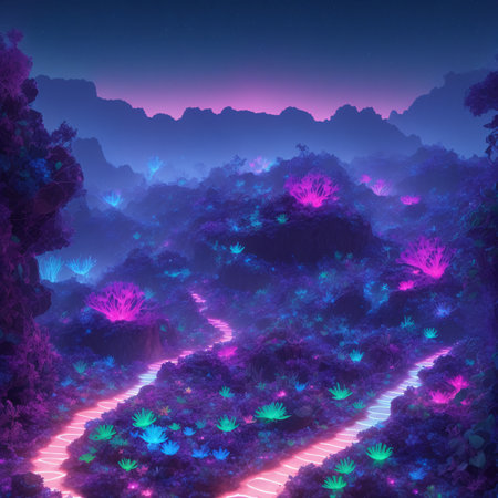 A digital art image of a fantastical landscape. A dense jungle with a winding river is filled with glowing blue and pink plants and trees. The sky is a deep purple with a shooting star. The image has a dreamlike quality to it. (AI Generated)の素材