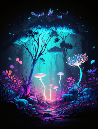 A mystical night forest with a twisted tree. Glowing mushrooms and flowers around the tree. Glowing butterflies and insects in the air. Magical and surreal image. (AI Generated)の素材