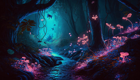 A mystical night forest with a twisted tree. Glowing mushrooms and flowers around the tree. Glowing butterflies and insects in the air. Magical and surreal image. (AI Generated)の素材