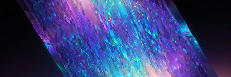 A dazzling display of rainbow-colored light, featuring an array of shimmering, colorful crystals that seem to dance and sparkle against a dark background. AI Generated. The vibrant hues of the rainbow spectrum are accentuated by the glittering, faceted surfaces of the crystals, creating a visually stunning and captivating scene.の素材
