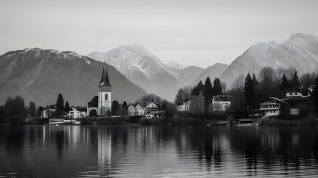 Black and White Peaceful and Serene Picture of Lake Shore Village and Snowy Mountains (AI Generated)の素材