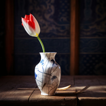 Photo realistic image of a red and white tulip in a little vase on a dark wooden surface. The image has a moody and elegant feel to it. AI Generated.の素材