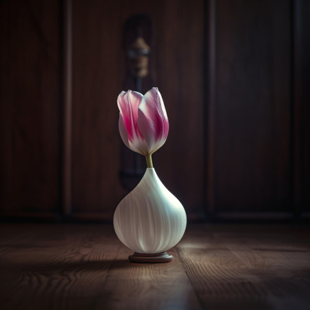Photo realistic image of a red and white tulip in a little vase on a dark wooden surface. The image has a moody and elegant feel to it. AI Generated.の素材