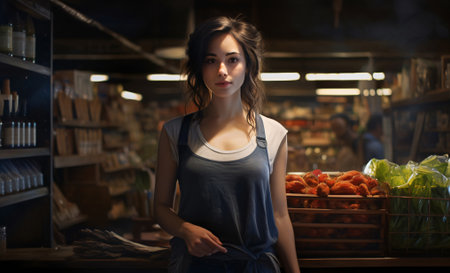Woman Shopper in Front of Grocery Shelf, AI Generatedの素材