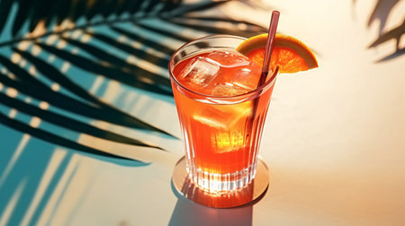 An orange cocktail with palm leaf, retro style, on pink, AI Generatedの素材