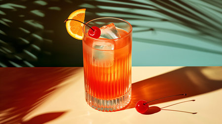 An orange cocktail with palm leaf, retro style, on pink, AI Generatedの素材