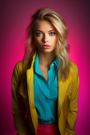 Blonde woman, studio shot in color lighting, moody portrait, AI Generatedの素材