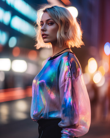 Fashionable blonde woman in holographic gradient jersey, urban evening landscape, AI Generatedの素材