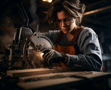 A woman with circular saw wearing eye glasses, atmospheric and moody lighting, labor day, AI Generatedの素材