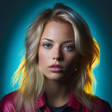 Blonde woman, studio shot in color lighting, moody portrait, AI Generatedの素材