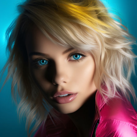 Blonde woman, studio shot in color lighting, moody portrait, AI Generatedの素材