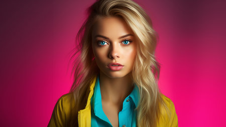 Blonde woman, studio shot in color lighting, moody portrait, AI Generatedの素材