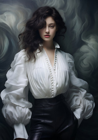 Portrait of woman in white blouse, retro style, flowing draperies, AI Generatedの素材