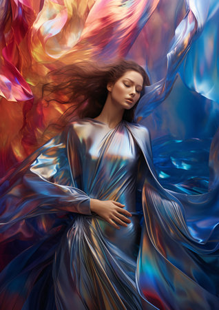 Beautiful woman cover shot, flowing draperies, colorful holographic gradients palette, AI Generated, AI Generative, Generative AIの素材