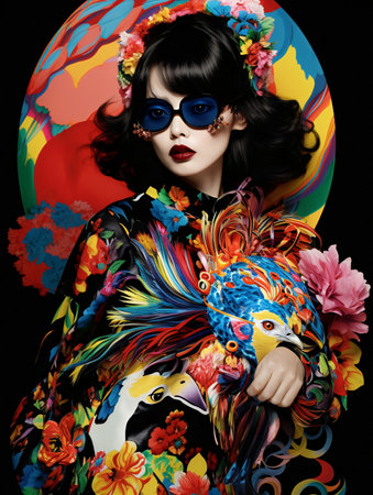 Woman wearing colorful outfit, futurist dynamic movement, animal motifs - AI Generatedの素材