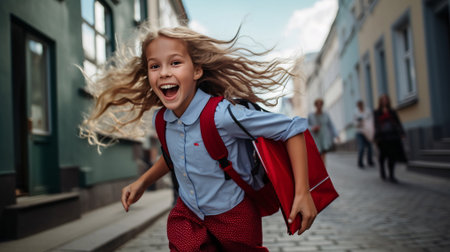 Cheerful young girl running through the street with bag, backpack, AI Generatedの素材