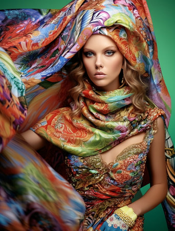 female model wearing an elaborate scarf, colorful outfit, fashion storyintricate costume - AI Generatedの素材