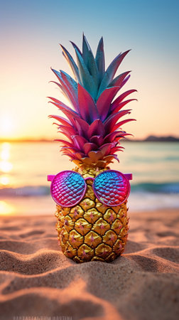 Artistic Holographic Gradient Iridescent Pineapple on a Light Brown Sand with Blue Ocean (AI Generated), vertical screen background, 9:16の素材