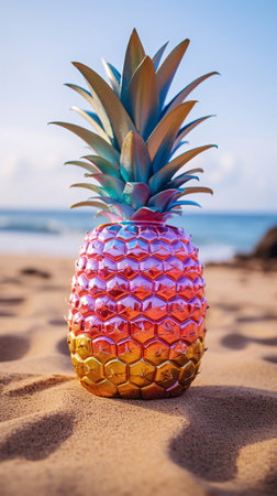 Artistic Holographic Gradient Iridescent Pineapple on a Light Brown Sand with Blue Ocean (AI Generated), vertical screen background, 9:16の素材