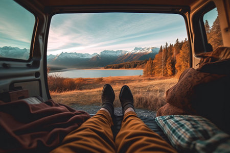Relaxing in a Car with a Scenic View of Snowy Mountains (AI Generated)の素材