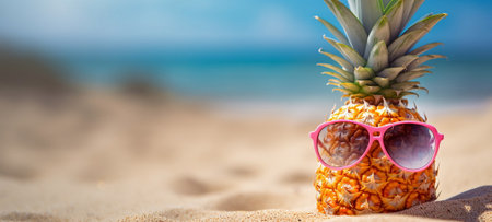 Quirky and Cute Image of a Pineapple Wearing Sunglasses (AI Generated), wide wallpaperの素材