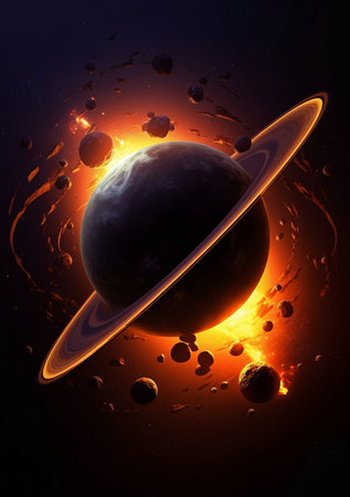 Sci-Fi Fantasy Image of a Ringed Planet and Other Space Objects, AI Generatedの素材