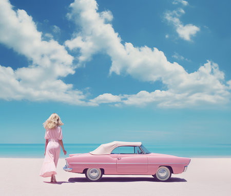Dreamy Image of Woman and Vintage Car on Sand Beach - AI Generatedの素材