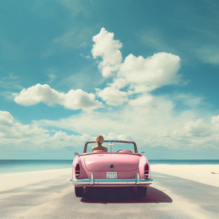 Dreamy Image of Woman and Vintage Car on Sand Beach - AI Generatedの素材