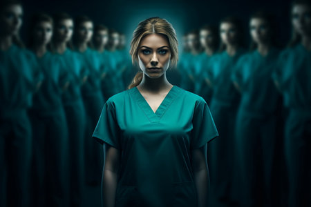 A nurse stands as the background of many other nurses in hospital, AI Generatedの素材