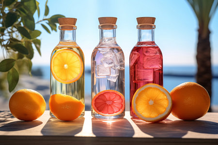 Bottles of fruit drinks with citrus slices on wooden table, ocean view, AI Generatedの素材