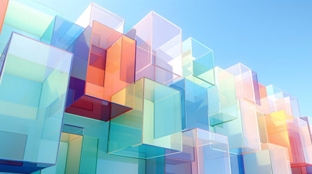 Colorful cubes in a geometric pattern. Abstract architectural composition against the background of the blue sky, AI Generatedの素材