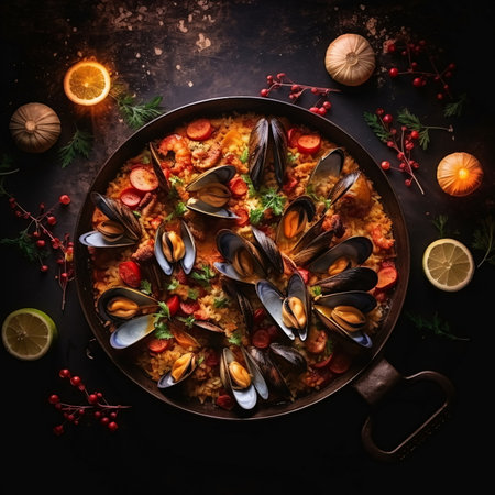 Delicious Paella Dish with Mussels and Shrimp - AI Generatedの素材