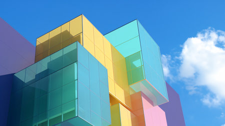 Colorful cubes in a geometric pattern. Abstract architectural composition against the background of the blue sky, AI Generatedの素材