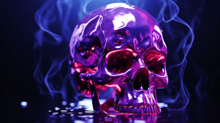 Mysterious Glossy Skull in Pink and Blue Haze, AI Generatedの素材