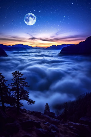 Blue supermoon, Full Moon and Stars over Mountains and Clouds, AI Generatedの素材