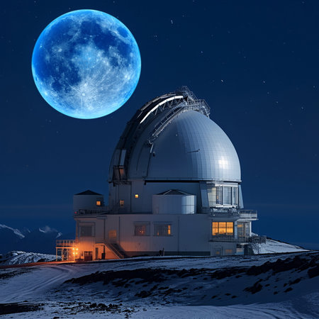 Blue supermoon, Night Sky with Moon and Observatory on Mountain, AI Generatedの素材